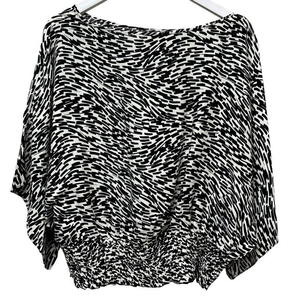 MICHAEL Michael Kors Silk Blouse Size Small Black Cream Print Flowy Smocked Hem - Picture 3 of 9